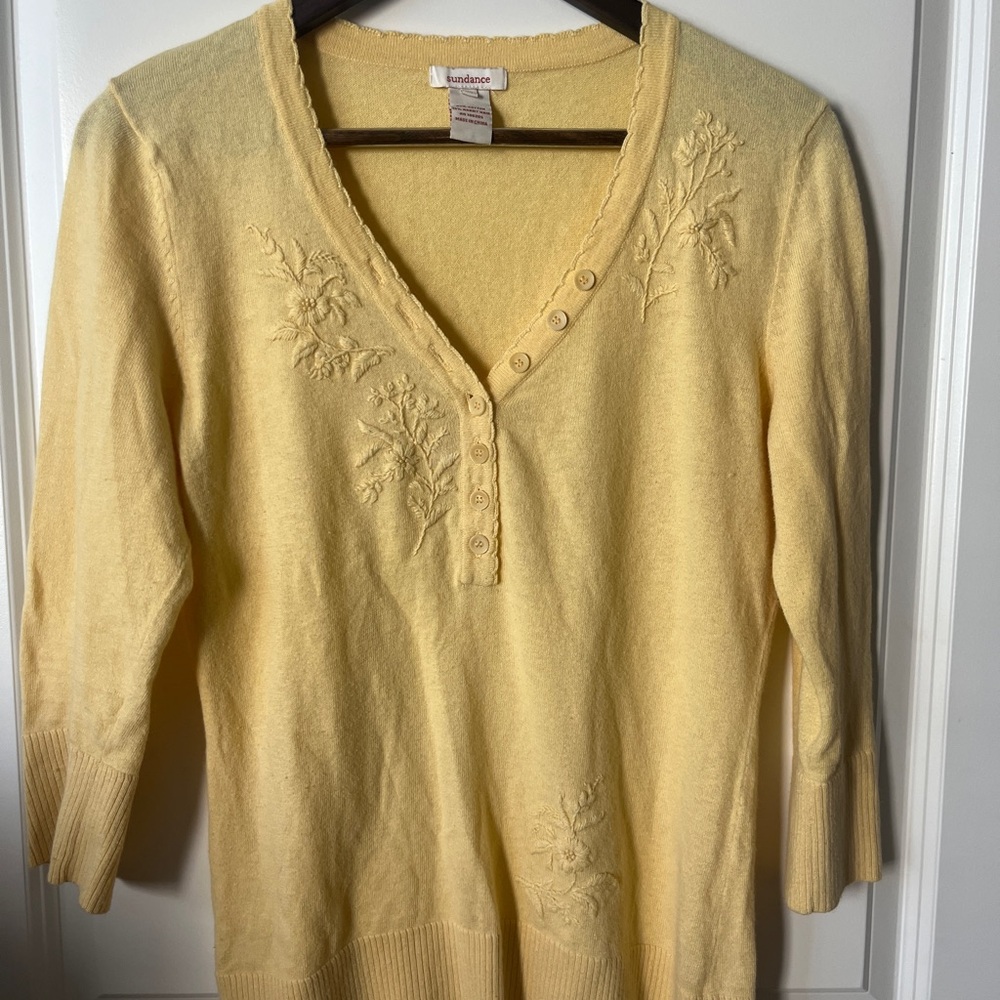 Sundance Light Yellow V-Neck Sweater with Embroidery